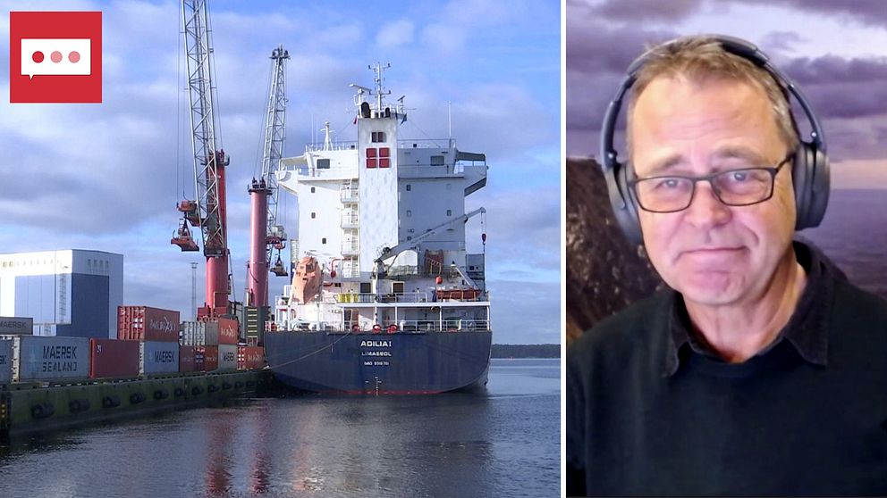 Fraktfartyg i hamn/ forskare Erik Fridell med hörlurar på huvudet.