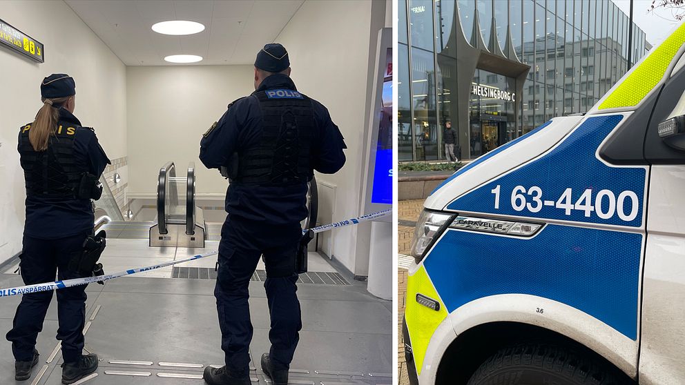 Bildens vänstra sektion visar två poliser som står vid en avspärrning inne på Knutpunkten i Helsingborg. Bildens högra sektion visar en närbild av en polisbil utanför Helsingborgs Central.