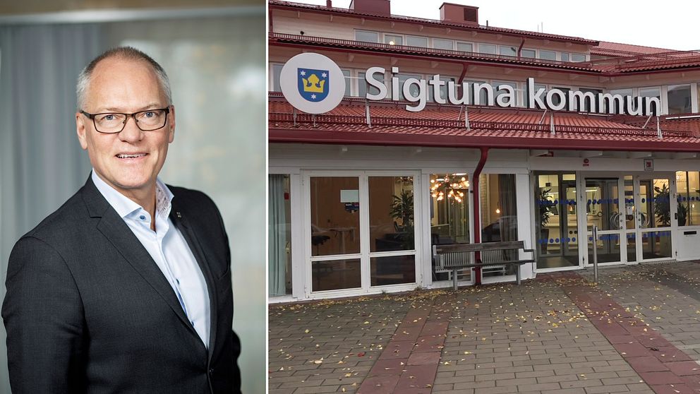 Olov Holst till vänster i bild, Sigtuna kommunhus exteriör till höger