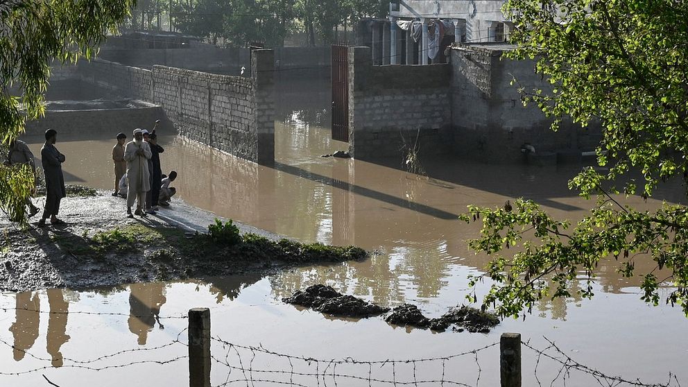 Några personer i Pakistan står på en lerbank för att undvika vattnet.