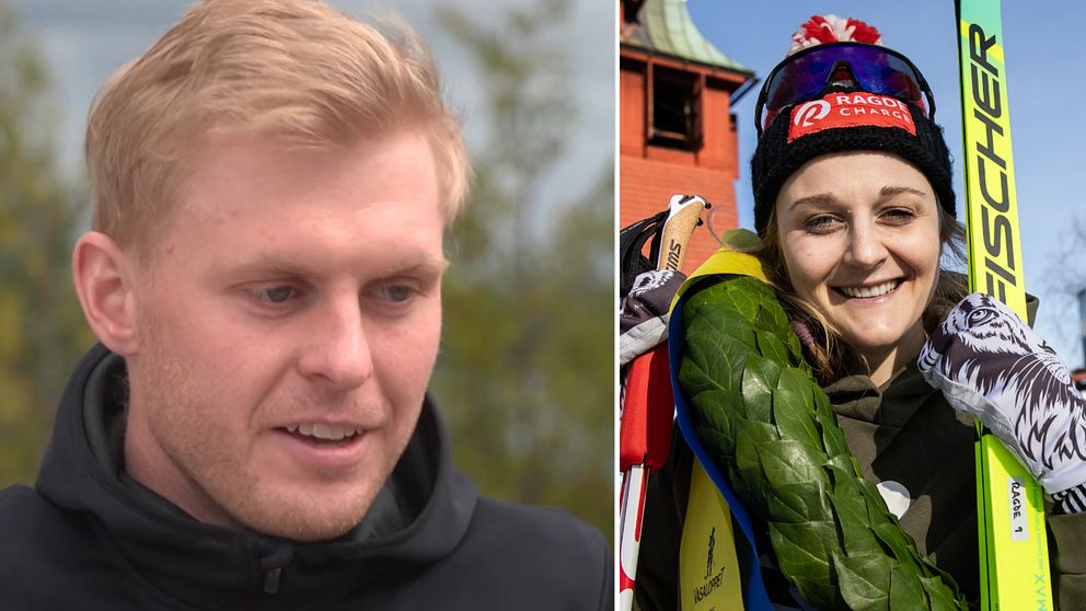 Delad bild. Till vänster: person utomhus. Till höger: skidåkare bredvid ett hus.