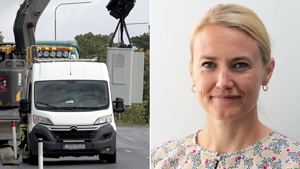 bild på grävmaskin som lyfter elskåp. ljushårig kvinna, petra carlenarson, porträtt.