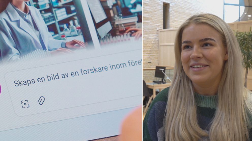 Bild på AI:n och Elsa Nilsson, student på Karlstads universitet