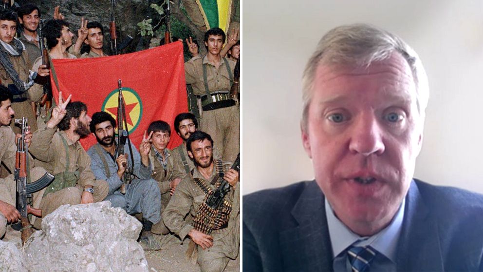 Tvådelad bild. Vänster: grupp av män med PKK-flagga.