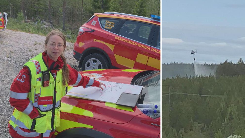 kvinnlig räddningsledare som pekar på en karta över brandområdet, helikopter som vattenbombar