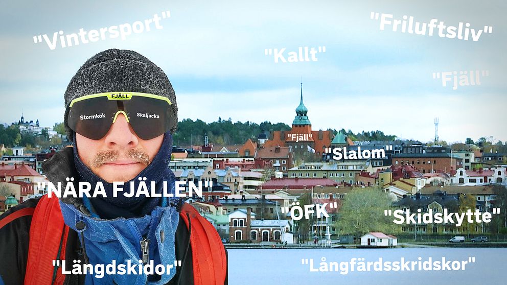 En man med sportglasögon, mössa, jacka som ser ut att vara på ett fjäll, inklippt framför Östersund.