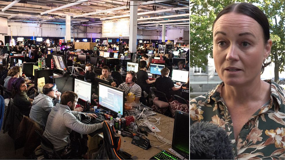 Gaming center. En kvinna som pratar