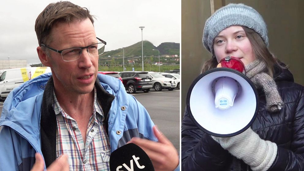 LKAB:s presschef Anders Lindberg samt Greta Thunberg som håller i en megafon vid en tidigare demonstration.