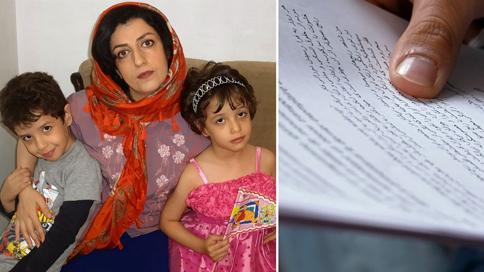 Narges Mohammadi med sina barn till vänster, ett brev till höger