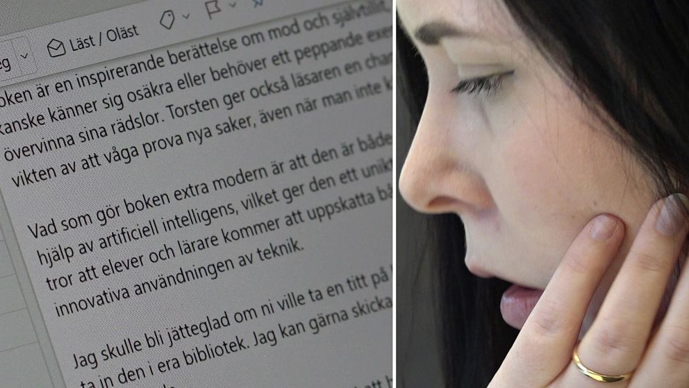 Magdalena Ivarsson är skolbibliotekarie på gymnasieskolan Consensum i Lund. Hon tittar på ett mejl där en person försöker sälja en bok som skrivits av artificiell intelligens, AI, till hennes bibliotek.