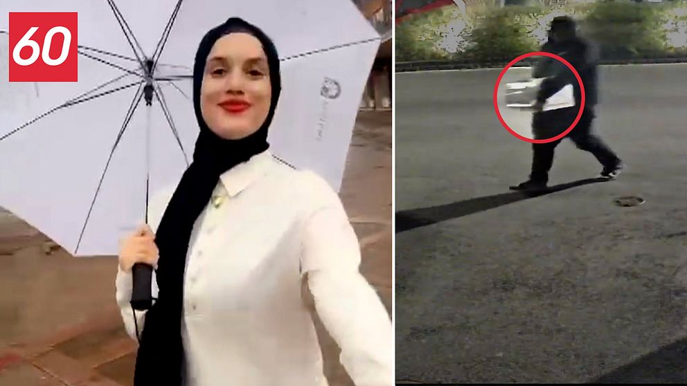 Soha Saad med ett paraply och en bild på gärningsman bär på micro med sprängdeg