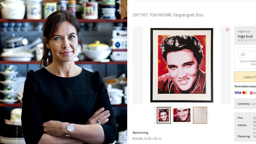 Stockholms auktionverks vd Li Pamp står med armarna i kors. Bredvid henne syns en av tavlorna, ett screentryck föreställande Elvis i rött och vitt.