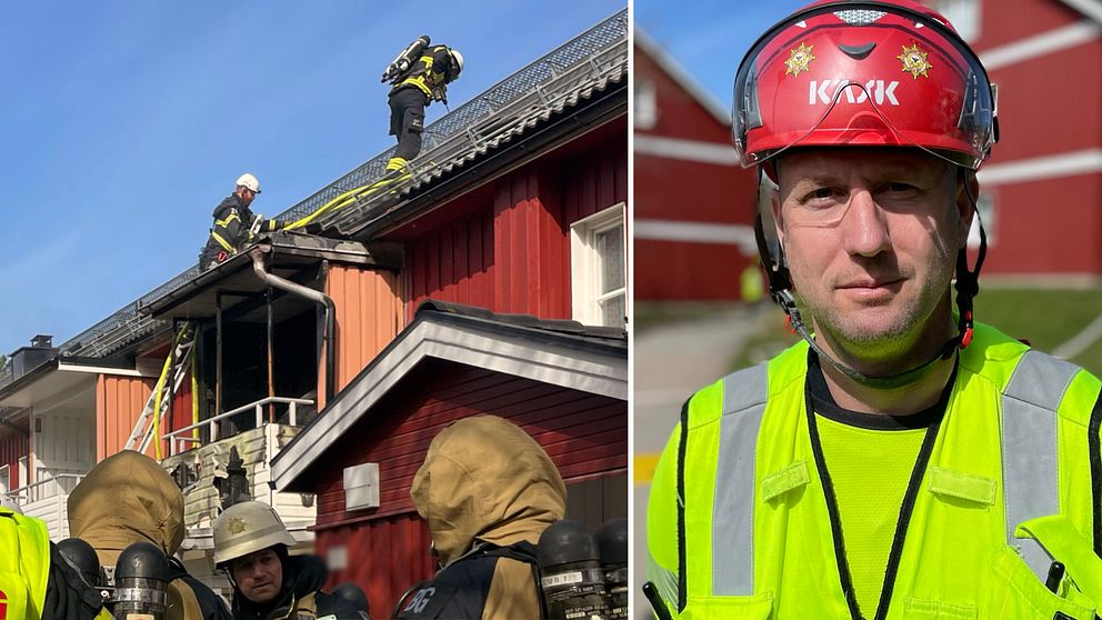 brandmän på taket till en byggnad och porträttbild av räddningsledaren