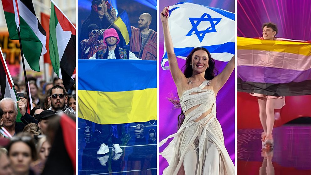 Fyrdelad bild. Från vänster: palestinska, ukrainska, israeliska och icke-binära flaggor.