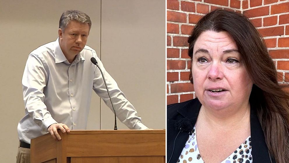 En delad bild som visar två personer: till vänster står en man vid ett podium under en presentation, och till höger syns en kvinna framför en tegelvägg, båda i professionella sammanhang.