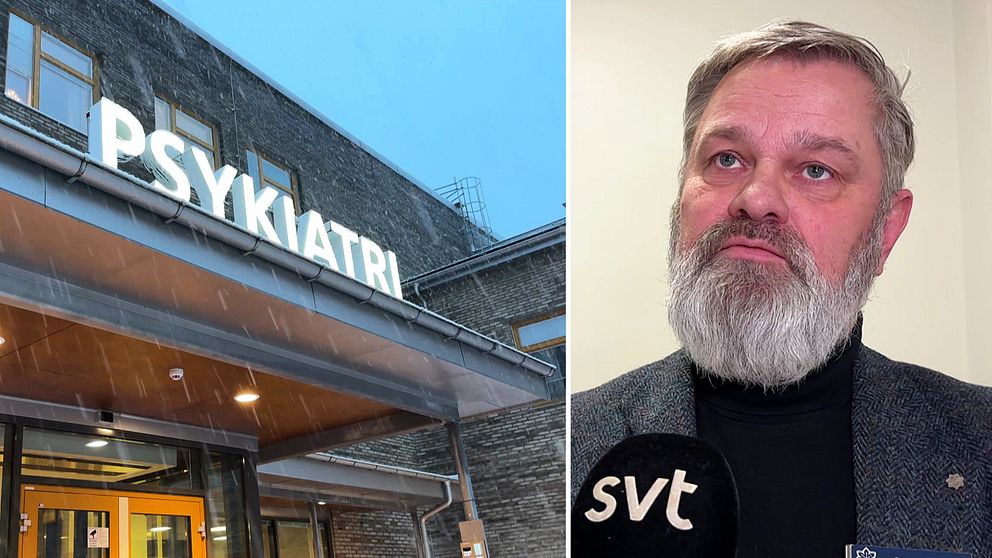 Till vänster syns fasaden och entrén till psykiatrin vid centralsjukhuset i Karlstad. Till höger syns en person med skägg iförd en kostym och en mikrofon med SVT:s logotyp synlig.
