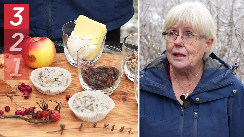 Eva Stenvång Linqvist visar upp ingredienserna i hennes egna talgbollar