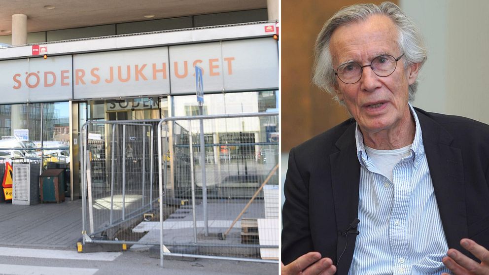 Entrén till Södersjukhuset, med byggställningar och avspärrningar framför den moderna byggnaden. I den andra sektionen syns en man som sitter och gestikulerar under en intervju.