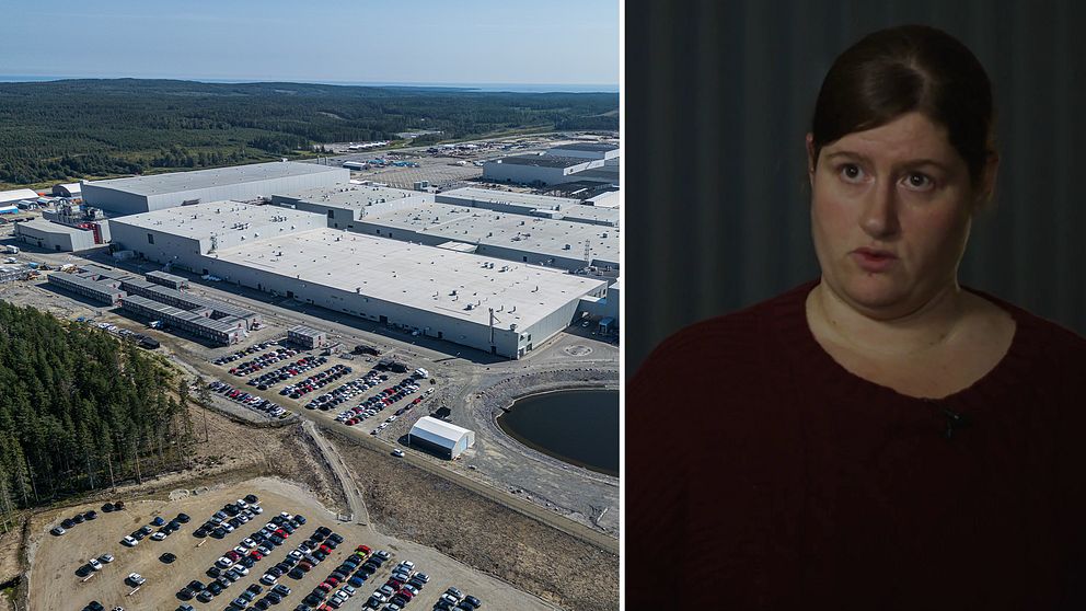 Till vänster: Flygbild på stor vit industrilokal med skog i bakgrunden. Till höger: Kvinna med mörkt hår iklädd vinröd tröja.