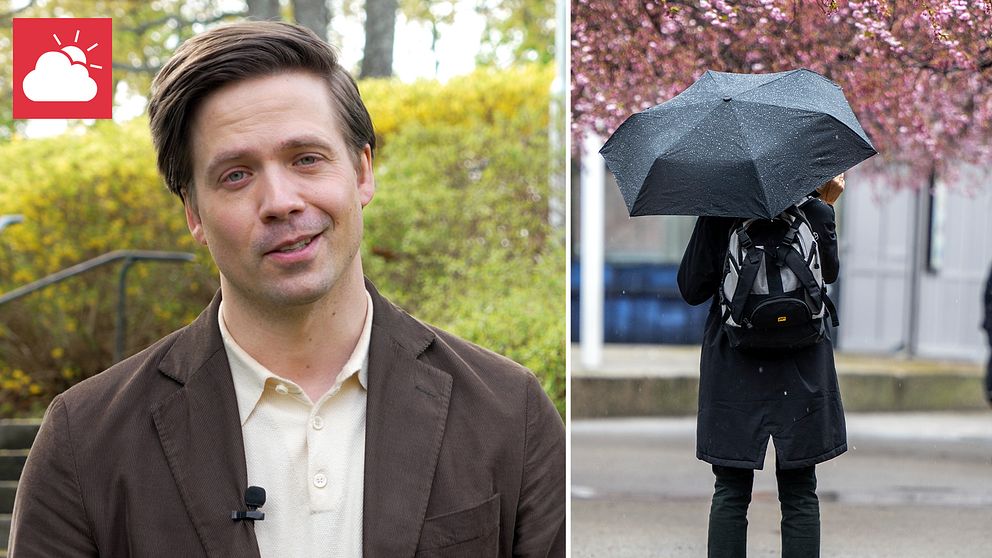 Delad bild. Till vänster: Nils Holmqvist i kavaj utomhus. Till höger: person med paraply vid blommande träd.