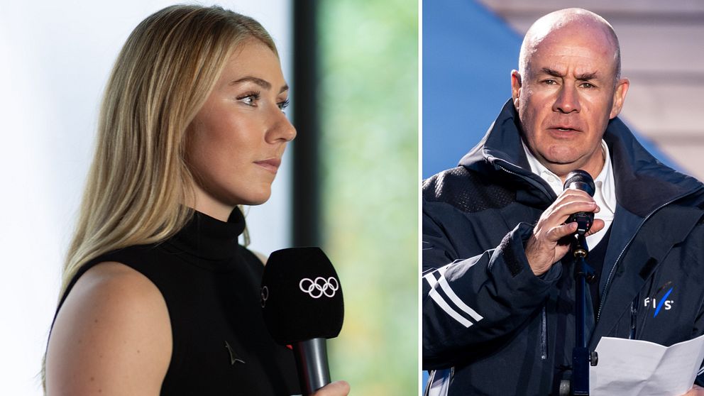 En delad bild som visar två personer i professionella sammanhang. Till vänster en kvinna som håller i en mikrofon med Olympiska ringarna, klädd i svart. Till höger en man i en blå jacka med FIS-logotyp som talar i en mikrofon.