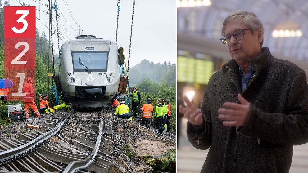 Ett urspårat tåg och en man på Stockholms centralstation