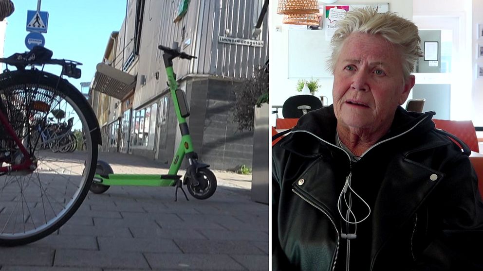 Till vänster: elsparkcyklel på gata. Till höger: korthårig kvinna i 60-årsåldern från Synskadades Riksförbund.