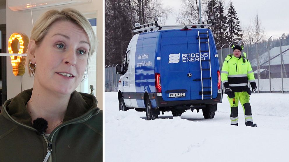 Anna Jonsson, chef vid Bodens Energi samt en bild på en firmabil och en anställd som promenerar.