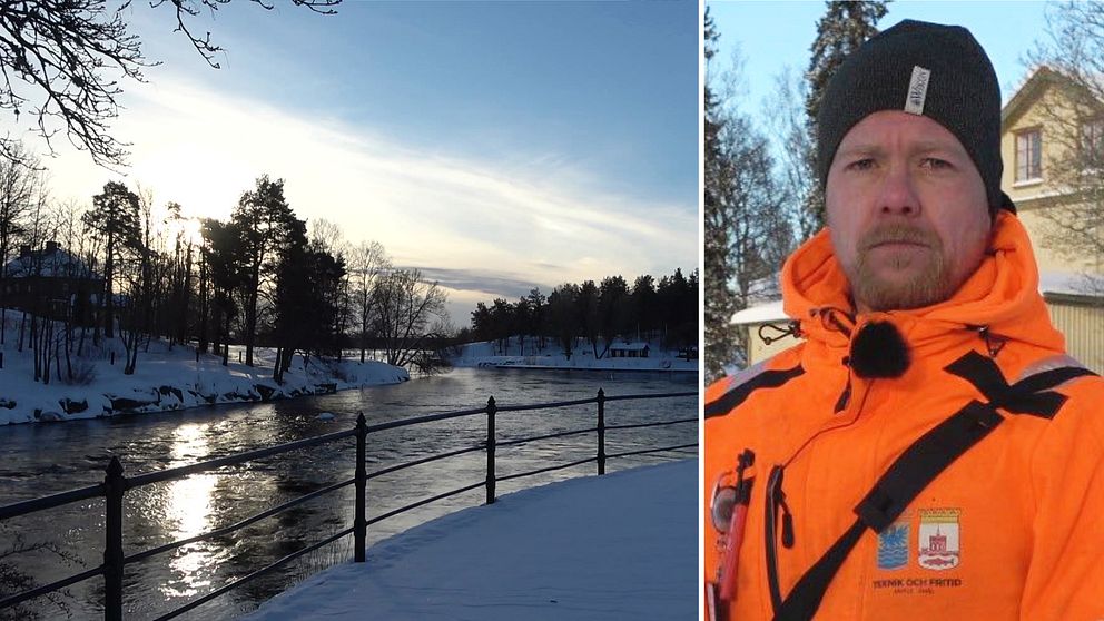 Erik Martinsson, VA-ingenjör på Säffle kommun, i en orange jacka och en bild på Byälven.