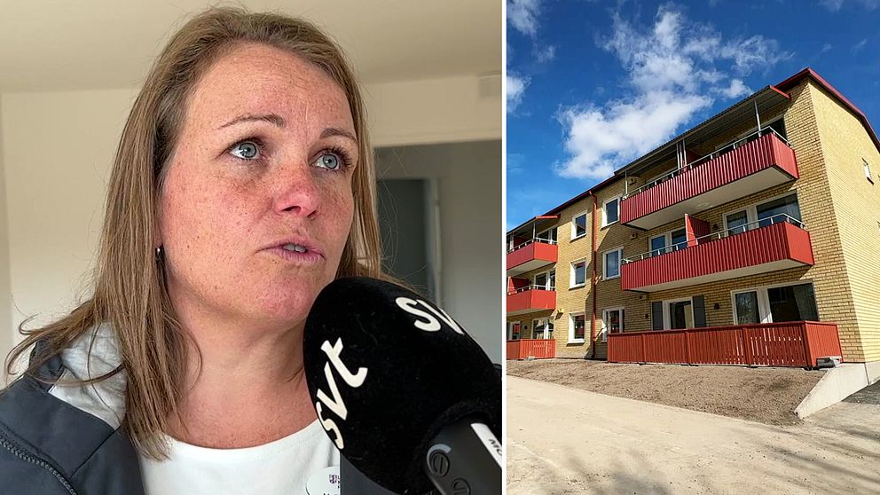 Vänster: Malin Gisselfeldt, fastighetschef vid Ljusnarsbergs kommun. Höger: Extriör av  Källtorpsvägen 12 i Kopparberg. 50-talshus i gult tegel med klarblå himmel med vita moln i bakgrunden.