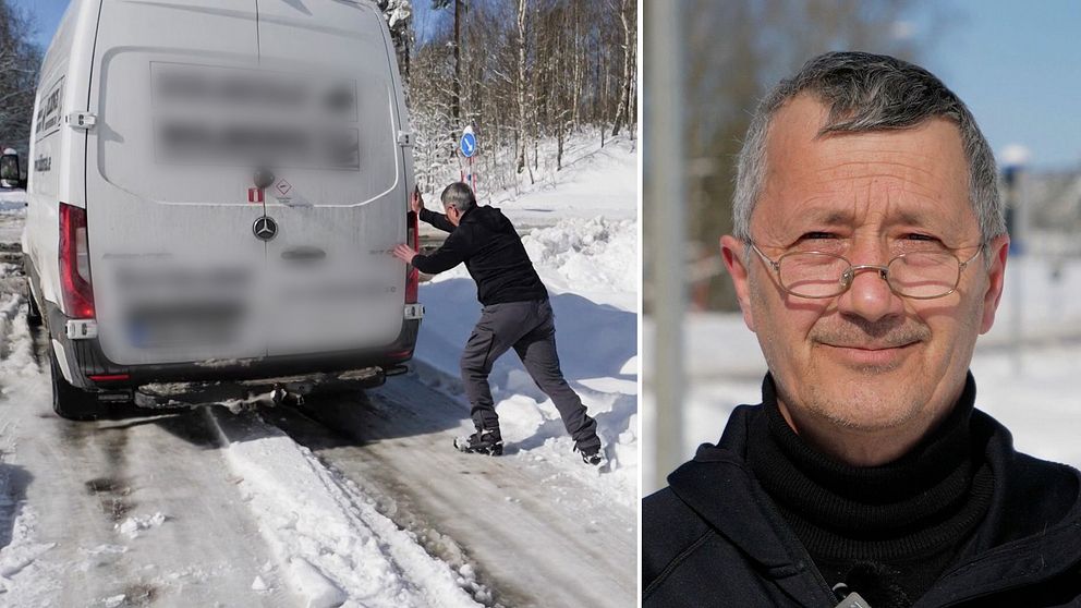 Till vänster: En skåpbil som kört fast på snöig väg. Till höger: Goran Todorovic ler in i kameran.