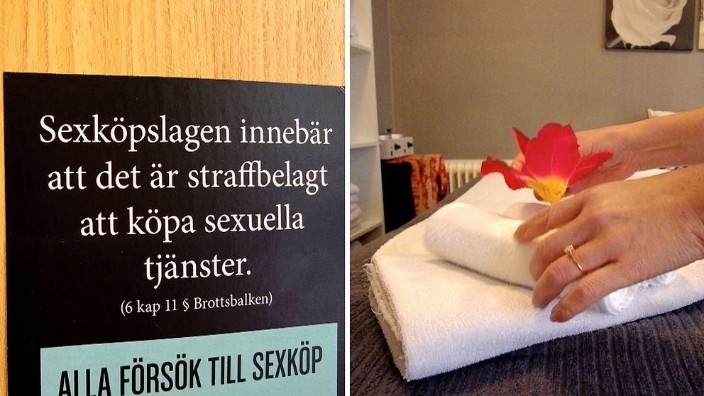 en skylt där det står att sexköp är förbjuden och en massagebänk