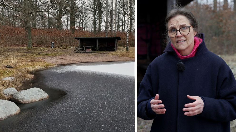 Delad bild: Till vänster, en frusen sjö med stenar i förgrunden och ett träskjul omgivet av skog i bakgrunden. Till höger, en person i mörka kläder gestikulerar utomhus.