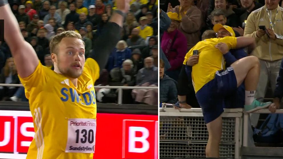 Svensk kulstötare firar efter att ha stött över 20 meter vid tävling inför publik.