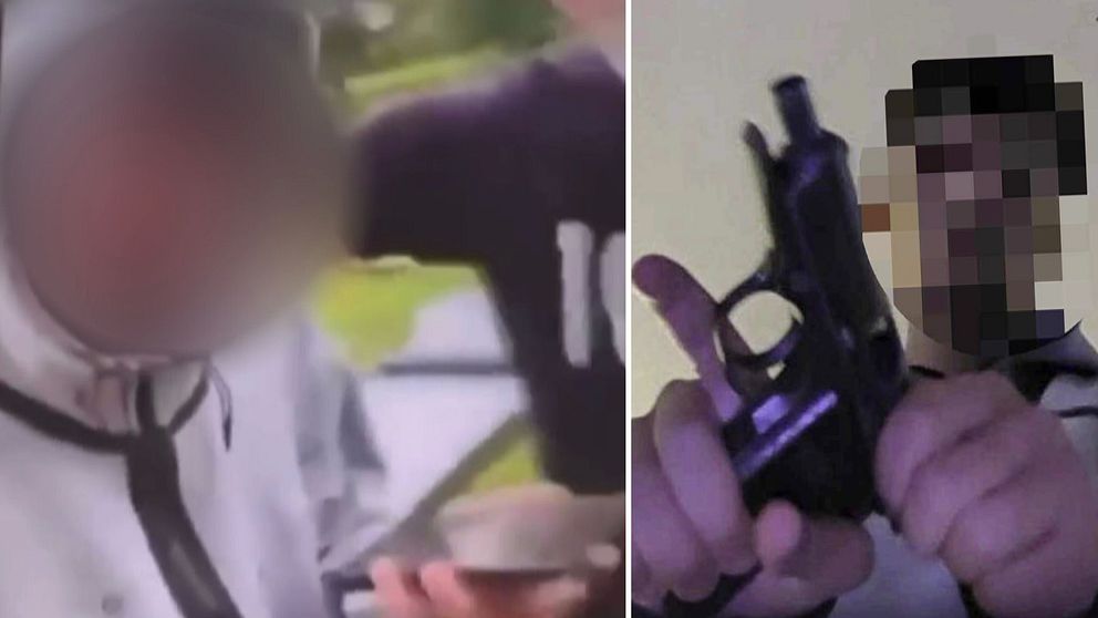 Delad bild. Första sektionen visar en person i en hoodie med suddat ansikte som håller något, suddig bakgrund indikerar utomhusmiljö. Andra sektionen visar en maskerad person inomhus som håller i en pistol, ansiktet är pixlat för anonymitet.