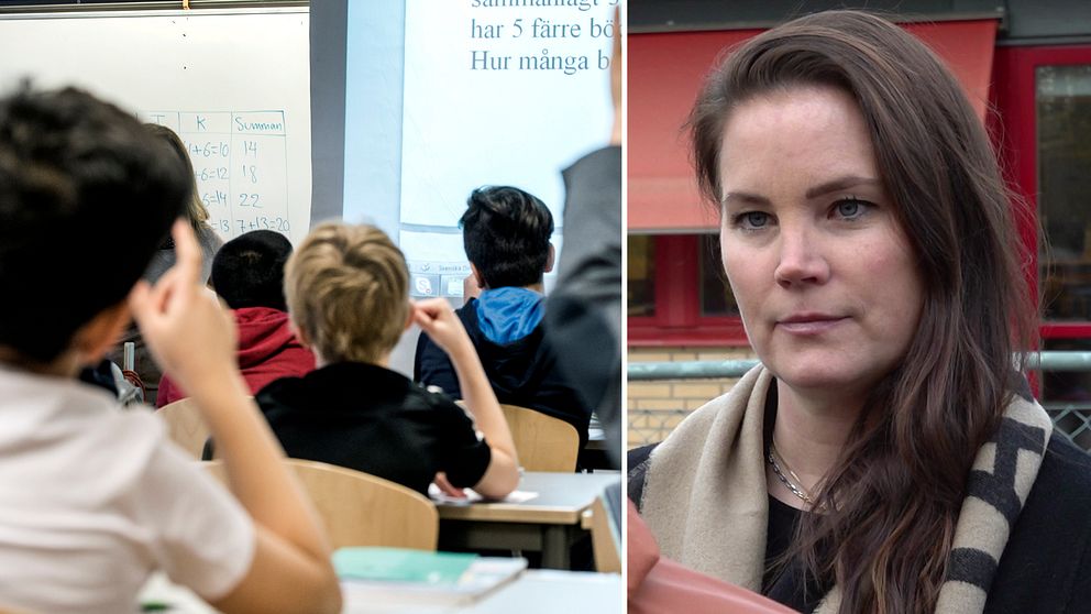 En delad bild som visar en klassrumsmiljö till vänster, där elever sitter vid sina bänkar och deltar i en lektion med en projektor i bakgrunden. Till höger syns en person med långt hår och en mörk klädsel som står utomhus.