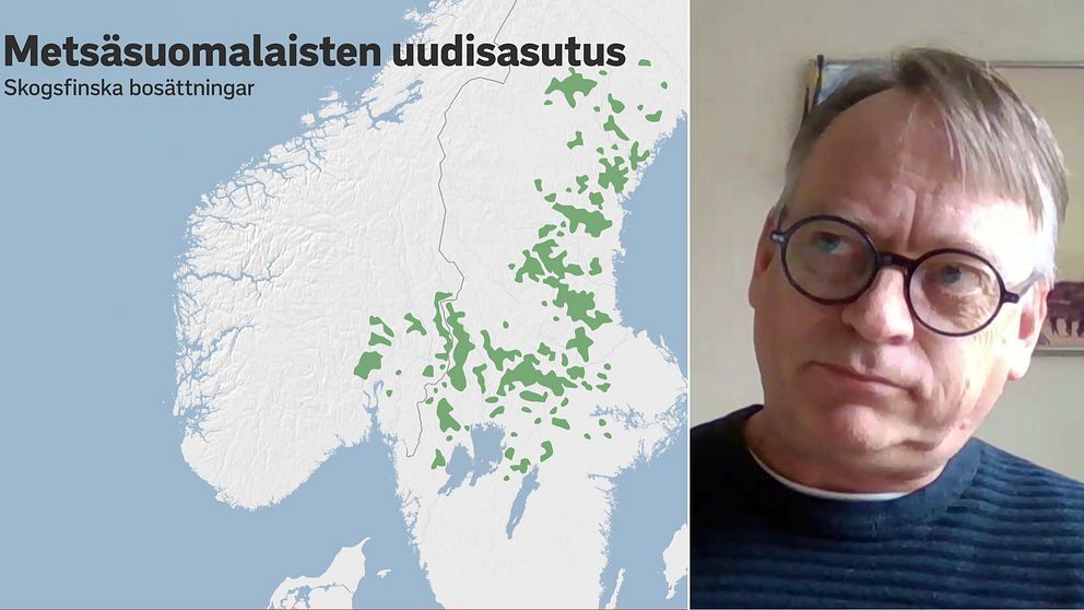 Skogsfinska riksorganisation. ordförande Niclas Persson Tenhuinen till höger. Till vänster karta över skogsfinska bosättningar i Skandinavien