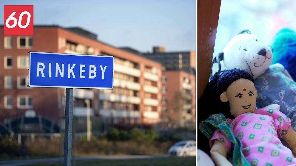 Vägskylt på Rinkeby med bostadshus i bakgrunden, till höger bilder på dockor på en barnavårdscentral.