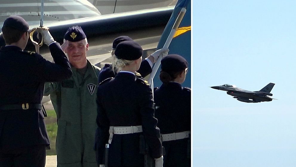 Flygvapenchefen gör en hälsning till vänster och till höger syns ett flygplan i luften.