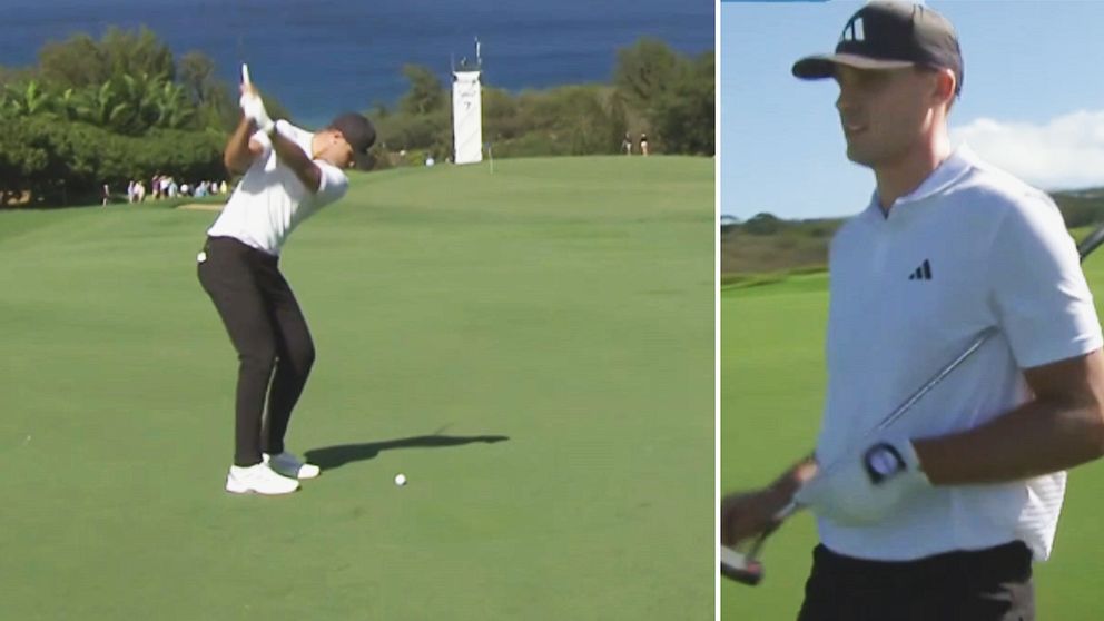 En delad bild som visar två scener från en golfturnering. Den vänstra sektionen visar en golfspelare som svingar sin klubba på en grön golfbana med havet i bakgrunden. Den högra sektionen visar en närbild på golfspelaren som håller i en golfklubba med en sportig klädsel och händerna synliga.