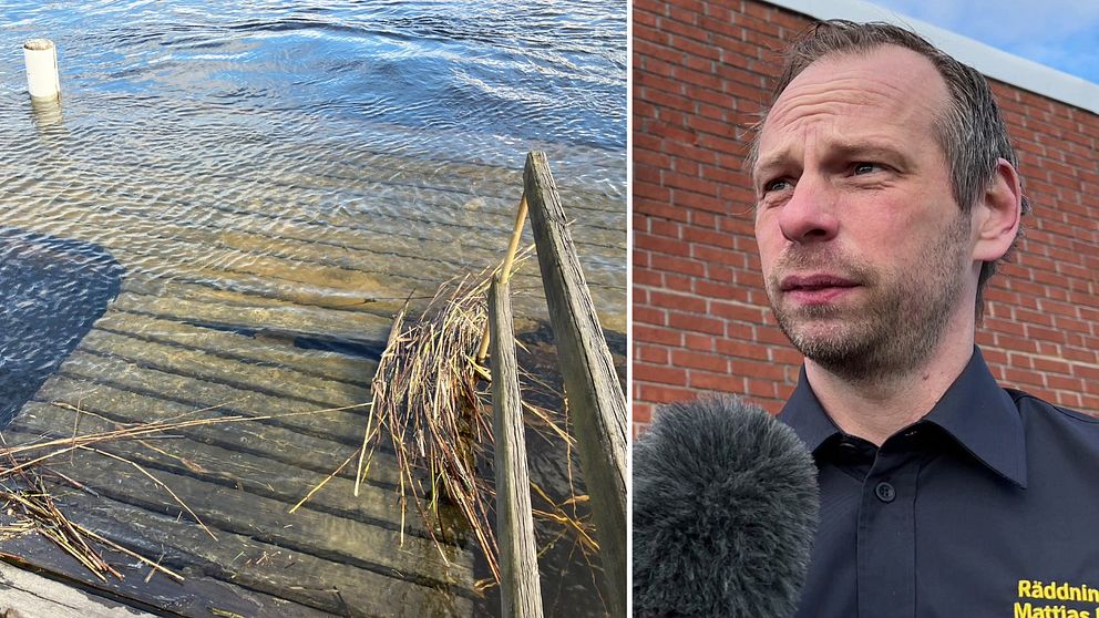 Översvämmad brygga i Byälven och Räddningschefen Mattias Larsson.