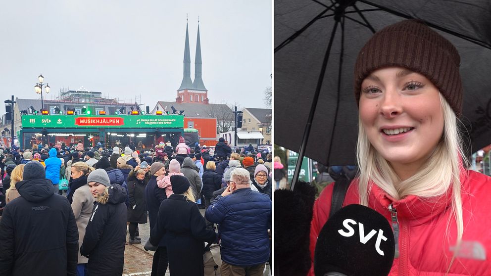 Stortorget i Växjö på ena sidan där Musikhjälpen-glasburen och människor syns stå på torget. På andra sidan en bild på en ung kvinna i brun mössa och röd jacka, som svarar på frågor i en SVT-mikrofon