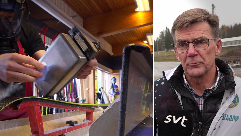 Lennart Ivarsson, sportchef i Östersunds SK, intervjuas av SVT på Östersunds skidstadion.