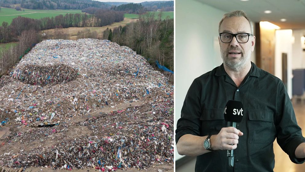 Delad bild. Till vänster: stort sopberg utomhus. Till höger: person intervjuas inomhus.