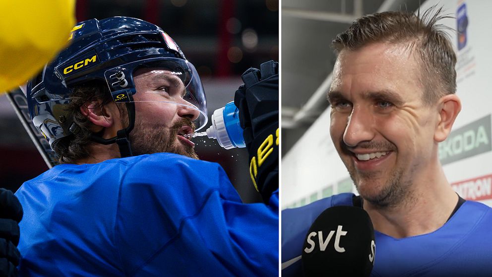 Delad bild. Till vänster: hockeyspelare dricker vatten. Till höger: intervju med spelare av SVT.