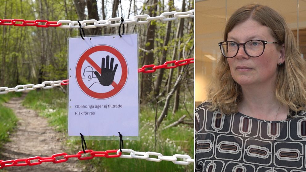 Förbudsskylt framför naturstig, kvinna med glasögon.