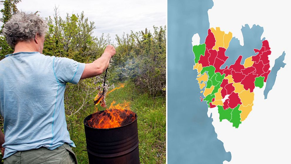 Man står i trädgård och eldar pinnar i en tunna. Till vänster en karta över alla kommuner i Västra Götalandsregionen som tillåter eldning av trädgårdsavfall.
