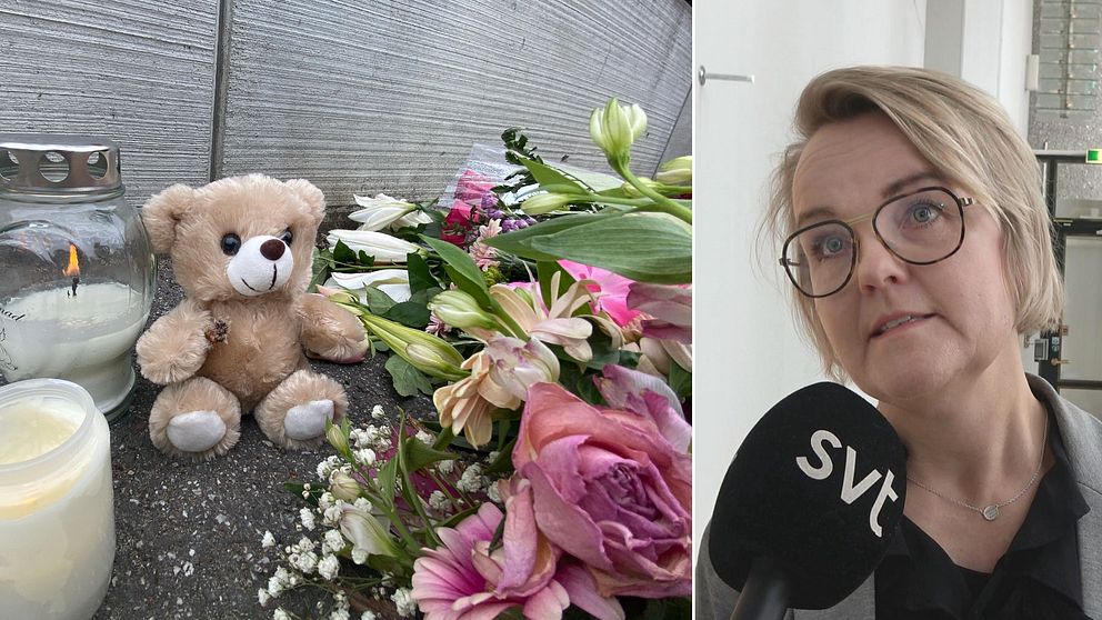 en nalle, blommor och ljus och en kvinna i ljust kort hår