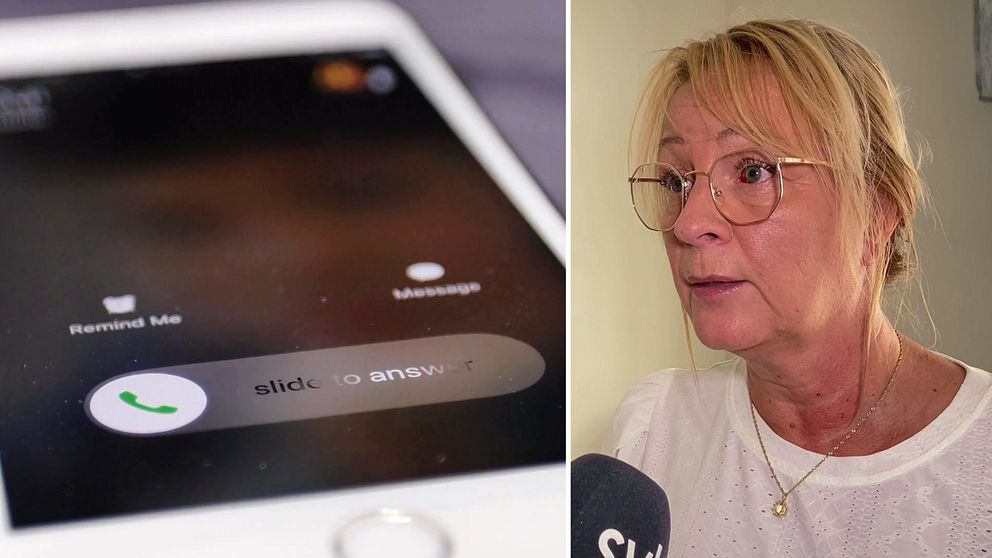 Till vänster en mobiltelefon som ringer. Till höger en kvinna som blir intervjuad.