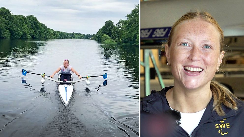 Ebba Einarsson ska tävla i Paralympics i rodd, sitter och tränar i roddbåt – tjej med långt hår i hästsvans ler och tittar in i kameran
